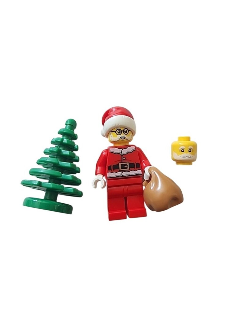 Lego New Santa w/ 2 Heads Christmas Minifigure Figure w/ Tree + Toy Sack